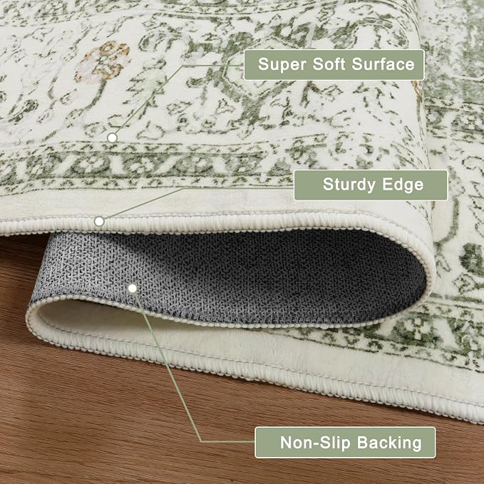LIVEBOX Sage Washable Vintage Area Rug 3x5 Non-Slip | Low-pile design, machine washable, distressed print, perfect for entryway, bedroom, kitchen, foyer and laundry room