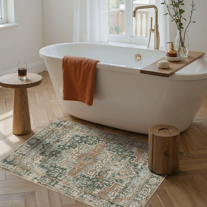 Rugxara 2x3 Entryway Rug Door Mat, Washable Samll Rug, Non Slip, Green | Rug for Entry Entrance Bathroom Kitchen, Stain Resistant, Soft Throw Accent Rug, Low Pile Front Door Mat, Vintage Boho Carpet