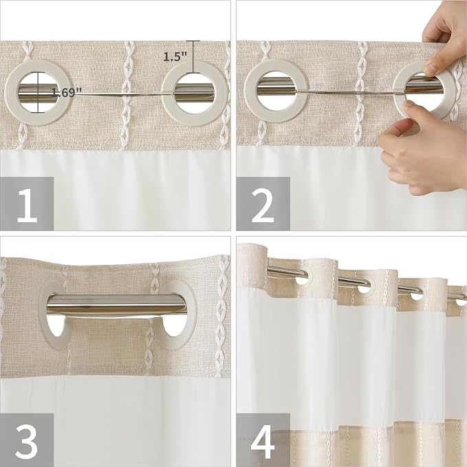 eachope No Hook Extra Long Shower Curtain Set with Snap-in Liner,Linen Textured Thick Striped Fabric with Tassels,Boho Chic Modern Farmhouse Bathroom Curtain,Water-Repellent,Cream/Beige,71x86