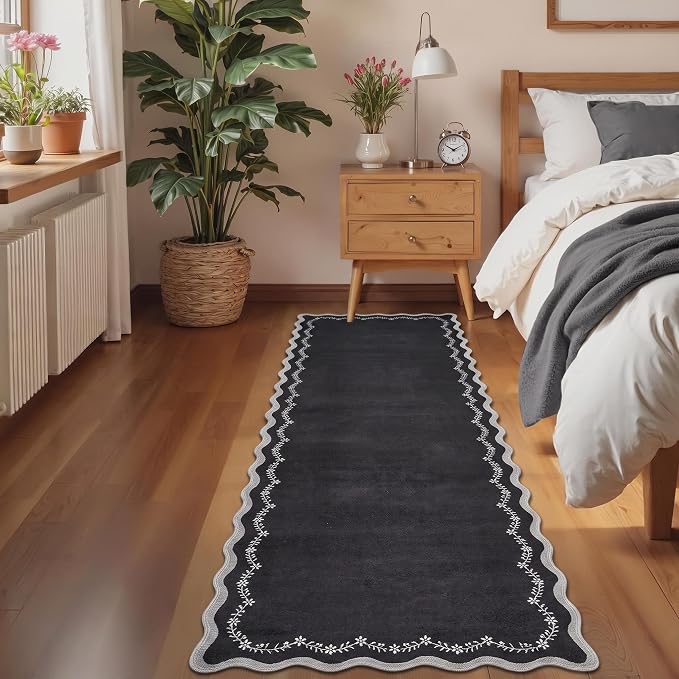 GarveeHome 2x6 Scalloped Washable Runner Rug Non Slip Hallway Kitchen Rug | Soft Black Runner Entryway Rug Farmhouse Thin Laundry Mat Stain Resistant Carpet for Bedroom Bathroom Beside Rug