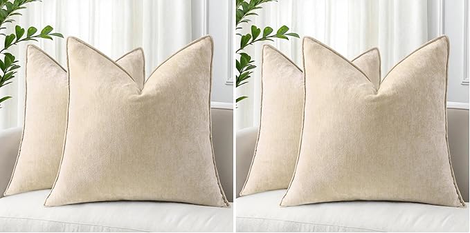 decorUhome Spring Couch Throw Pillow Covers 18x18 Set of 2, Decorative Soft Velvet Neutral Chenille Pillow Covers with Elegant Design for Sofa Bed Living Room Home Decor, Beige (Pack of 2)