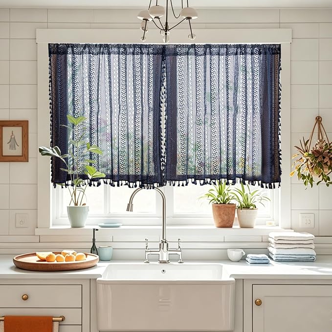 Sutuo Home Boho Lace Sheer Short Curtains Valance 2 Panels for Kitchen Window Curtains Over Sink, Closet Crochet Privacy Farmhouse Vintage Chic Handmade Tassels Rod Pocket, 50" W x 36" L Navy Blue