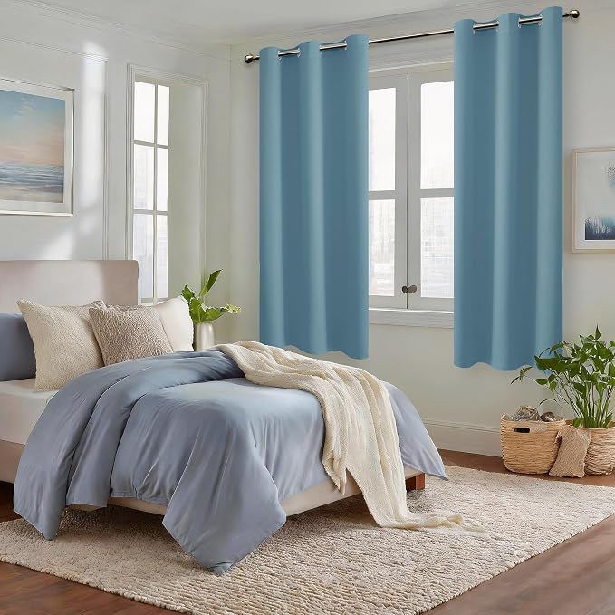 Hiasan Blackout Curtains for Bedroom, 42 x 63 Inches Length - Thermal Insulated & Noise reducing Window Curtains for Living Room, 2 Drape Panels Sewn with Tiebacks, Stone Blue