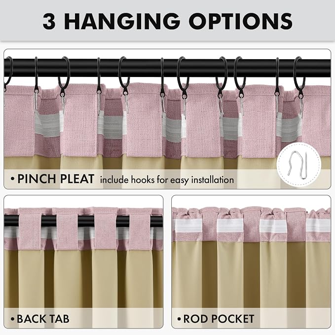 MIULEE 100% Blackout Linen Curtains for Bedroom 42 x 63 Inch Pink 2 Panels | Thermal Insulated, Room Darkening Drapes for Living Room, Back Tab Rod Pocket Pinch Pleated, Solid Luxury Decor