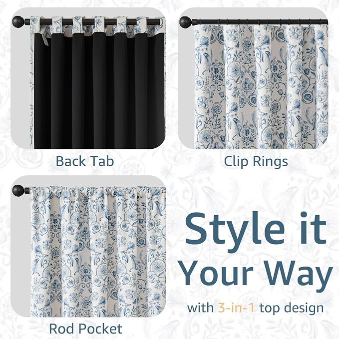 jinchan Blue Floral Blackout Curtains 84 Inch Farmhouse Back Tab 2 Panels | Blue on beige, room darkening, traditional vintage drapes, bedroom, living room, botanical, flower print, window treatment