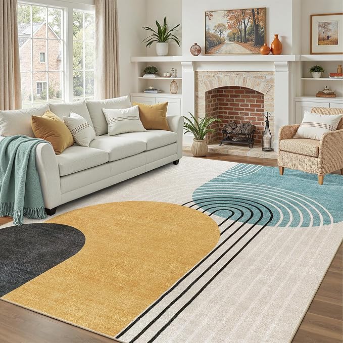 DCX Abstract Machine Washable 10x12 Rug, Mid Century Modern Rug for Living Room, Soft Low Pile Non Slip Carpet, Kid & Pet Friendly Stain Resistant Rug for Bedroom Dining Room Office, Blue & Yellow