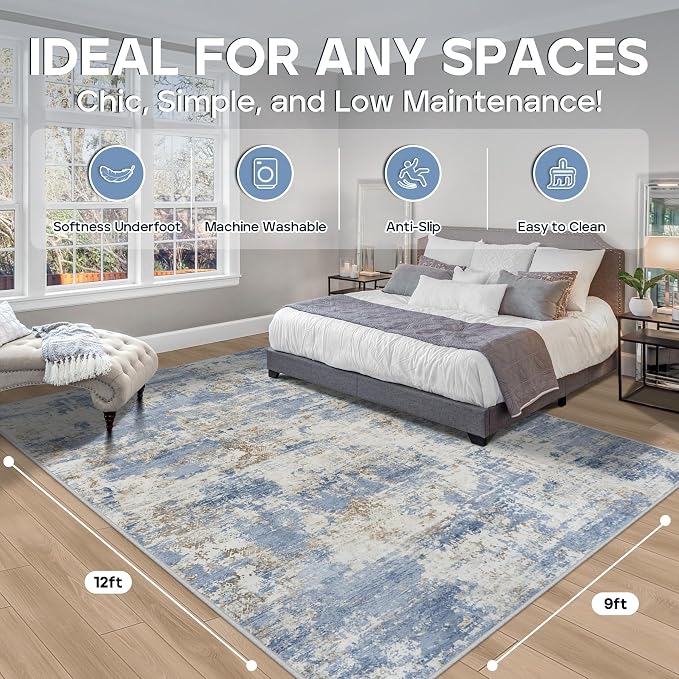 9x12 Area Rugs for Living Room Rug Washable: Modern Large Rug for Dining Room Bedroom Carpet Non Slip 9 by 12 Indoor Abstract Nursery Home Office Blue