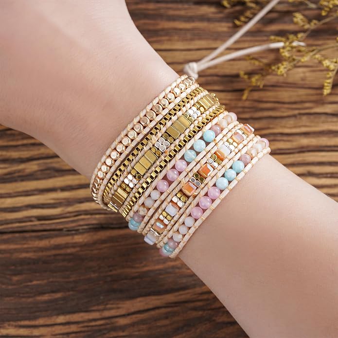 Plumiss Women Boho Handmade Natural Stone Crystal Leather Bead Wrap Bracelets Collection