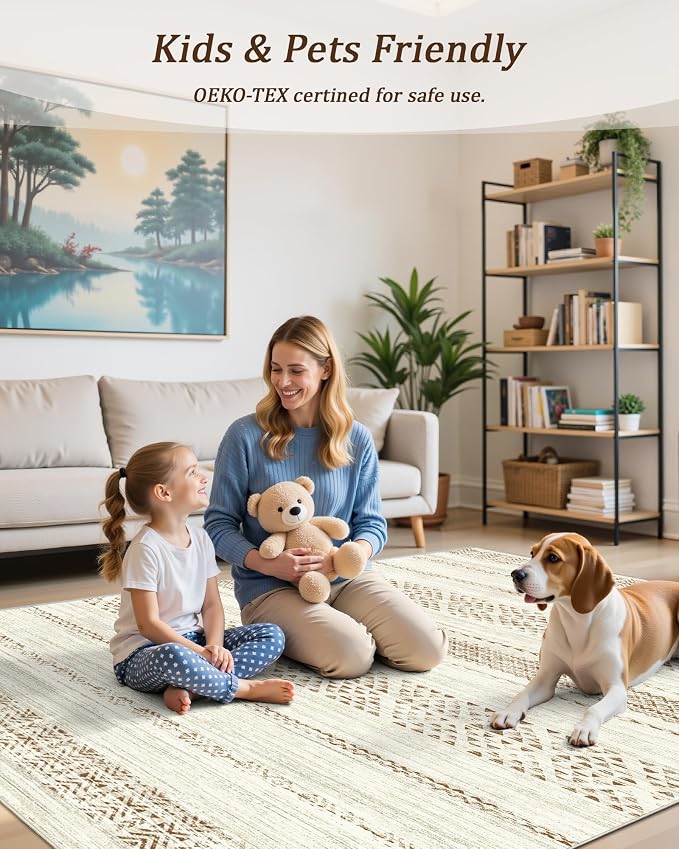 Miukiki 6x9 Area Rug for Living Room Moroccan Washable Rugs Non Slip Indoor Floor Carpet Foldable Large Soft Area Rug for Dining Room Bedroom with Low Pile(Brown,6'x9')
