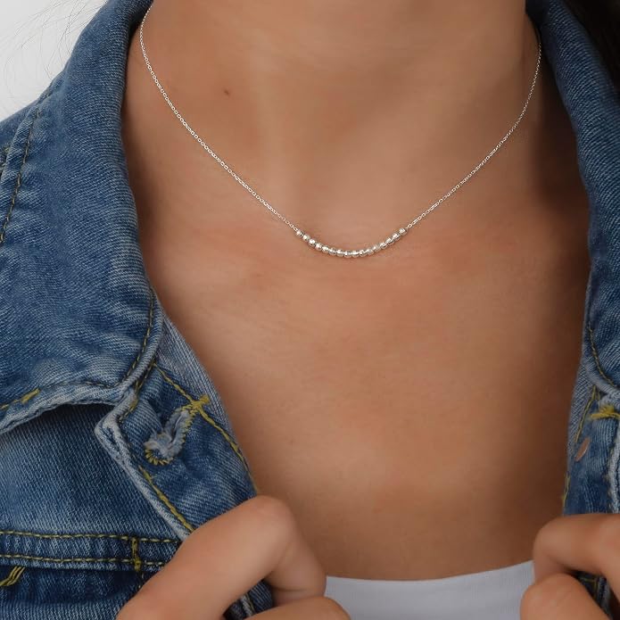 Annika Bella 925 Sterling Silver Beaded Bar Necklace for Women, Dainty Short Necklace with Silver Beads, Tarnish Resistant Jewelry, Gift for Her