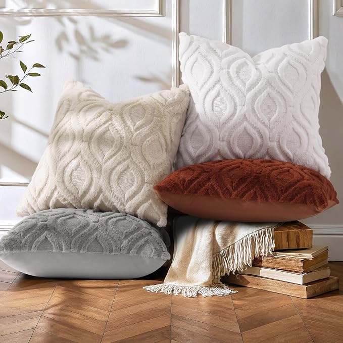 decorUhome White Rust Faux Fur Soft Throw Pillow Covers 20x20 Set of 4 | Fall Neutral Decorative Plush Couch Pillow Covers, Accent Modern Farmhouse Neutral Pillow Cases for Sofa Bed Living Room