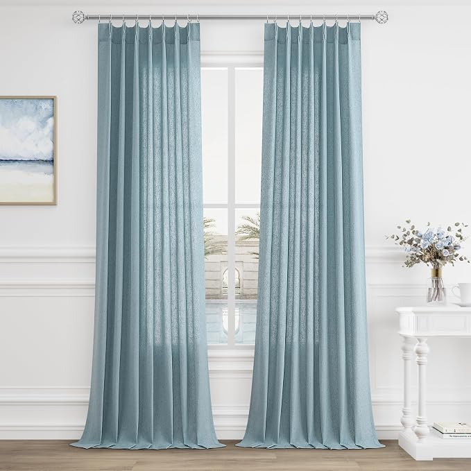 Pinch Pleated 90 Inch Curtains 2 Panels for Living Room Linen Curtains 90 Inches Long Pinch Pleat Drapes for Track System Light Filter Semi Sheer Curtain for Dining Bedroom Office Stone Dusty Blue