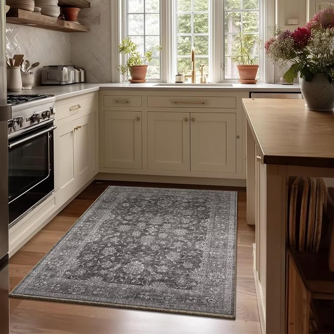 Washable 3x5 Entryway Rug, Boho Vintage Non-Slip Door Mat, Dark Grey | 0.3" Neutral Throw Small Rugs for Bedroom Kitchen Nursery Entrance, Cushioned for High-traffic Area