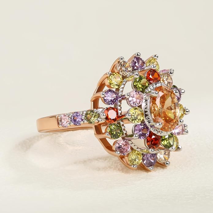 JIANGYUE Multicolor Cubic Zirconia Ring Rhodium Rose Gold Plated Multi-Stone Ring for Women Fashion Jewelry
