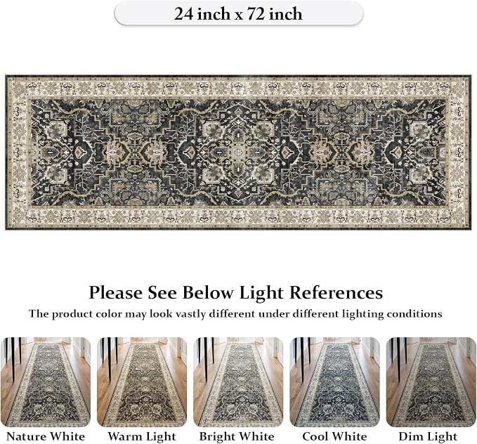 2x6 Washable Kitchen Runner Rug, Non Slip Vintage Runner Rugs for Hallway, Ultra-Thin Low Pile Distressed Kitchen Rugs Non Skid, Machine Washable Laundry Entryway Indoor Carpet,Black