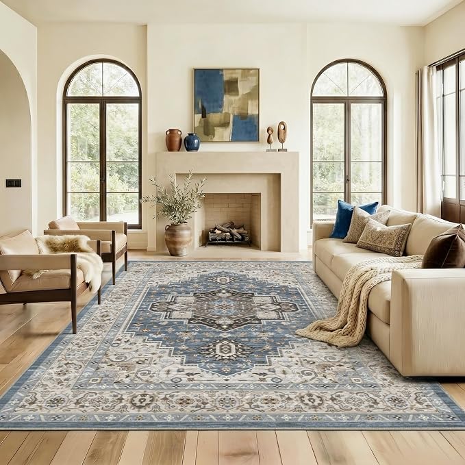 8x10 Area Rug for Living Room-Vintage Farmhouse Boho Floral Washable Stain Resistant Indoor Carpet for Bedroom Office and Home Decor(Floral Blue)