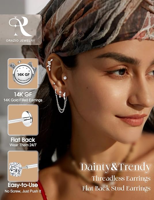 ORAZIO 16G/18G/20G Threadless Flat Back Earrings 316L Surgical Steel Cartilage Earring Stacks Flatback Push in Nose Rings Studs Hypoallergenic Tragus Helix Conch Labret Medusa Piercing Jewelry