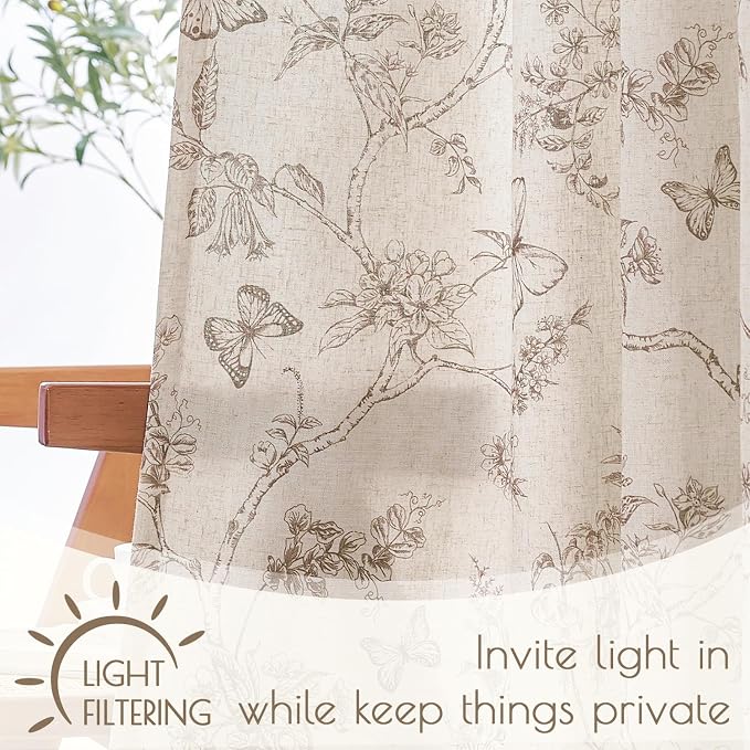Lazzzy Charlotte Lined Linen Farmhouse Taupe Floral Curtains 63 Inch Length Back Tab Drapes for Living Room Bedroom Light Filtering Country Vintage Rod Pocket, 2 Panels, Taupe on Beige