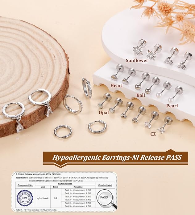MJust 18 Pairs Women‘s Hypoallergenic Flat Back Stud Earrings, 20g Stainless Steel Earrings Sets for Men, Tiny Unisex Screw Back Cartilage Earrings.