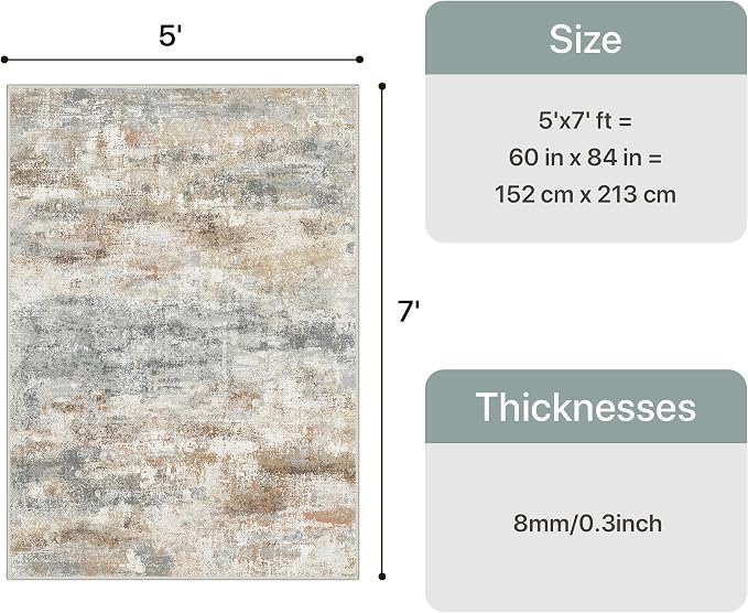 GENIMO Abstract Area Rug 5x7, Washable Modern Rug Non Slip, Low Pile Lightweight Soft Large Carpet for Living Room, Bedroom, Dining Room, Silver Tan