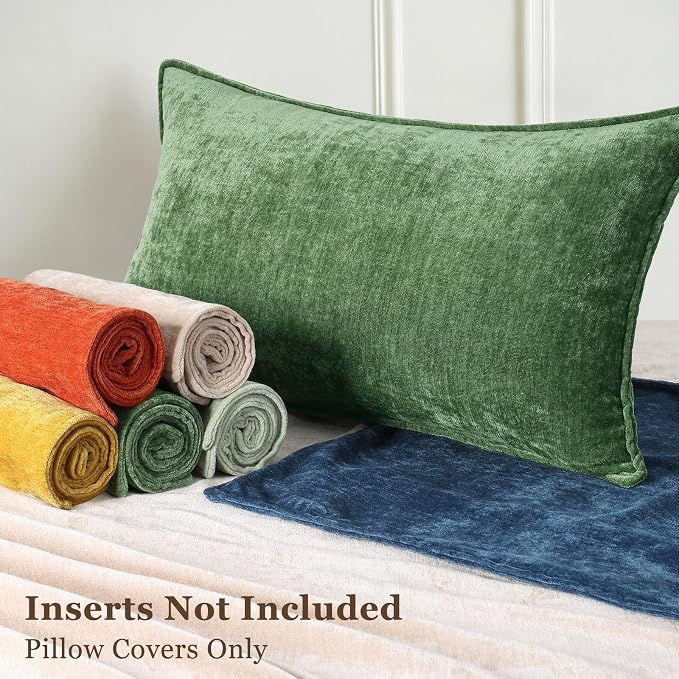 decorUhome Chenille Moss Green Velvet Throw Pillow Covers 22x22 Set of 2 | Fall Soft Euro Sham Couch Decorative Modern Farmhouse Pillow Cases with Elegant Design for Sofa Bed Living Room Home Decor