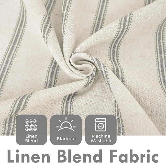 DriftAway Farmhouse Linen Stripe Blackout Curtains, W52xL102, Gray | Blackout, Linen Texture, Stripe Pattern, Rod Pocket & Back Tab, Two Layers, Bedroom Living Room Use, Sound Reducing Design