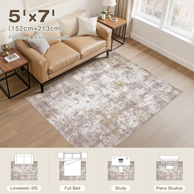 Area Rugs 5x7, Non Slip Low Pile Soft Washable Rug for Living Room | Modern Abstract Large Carpet, Stain Resistant and Kid & Pet Friendly, Made for Bedroom, Nursery, Dining Room - Gold Brown