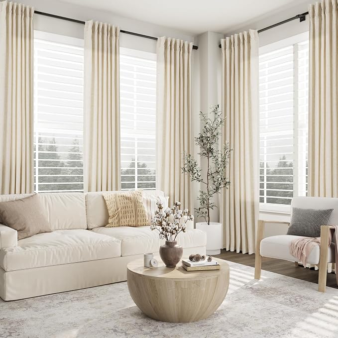 Aersas Beige Pinch Pleated Linen Curtains 84 Inch Length 2 Panels for Living Room Bedroom Cream Semi Sheer Window Curtain Boho Neutral Back Tab Pinch Pleat Drape with Hooks 84 Inches Long