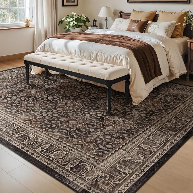 Brown Black 9x12 Rugs for Living Room, Vintage Farmhouse Large Rugs for Bedroom with Moroccan Floral Trellis Pattern, Washable Non Slip Ultra Thin Carpet Rug for Dining Room, Earthy Dark Wood