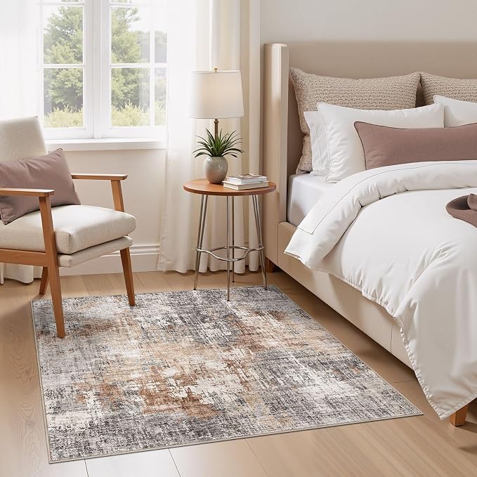 DMOYEST Square Area Rug Living Room Rugs - 5x5 Washable Large Soft Indoor Neutral Modern Abstract Low Pile Rug Carpet for Bedroom Dining Room Farmhouse Home Office - Grey Brown