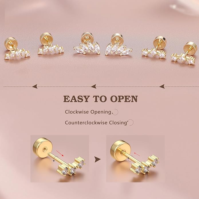 14K Gold Plated Solid 925 Sterling Silver Post Flat Back Earrings Stud | Cartilage Helix Conch Tragus Piercing Jewelry 3 Pairs Tiny Screw Dainty CZ Opal Earring Set Men Women