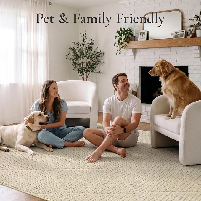 GENIMO Soft Washable Area Rugs 5x7, 3D Modern Diamond Design Rugs for Living Room, High-Low Pile Textured Non Slip Fuzzy Shag Carpet, Non-Shedding Stain Resistant Beige Carpet for Bedroom, Dining Room
