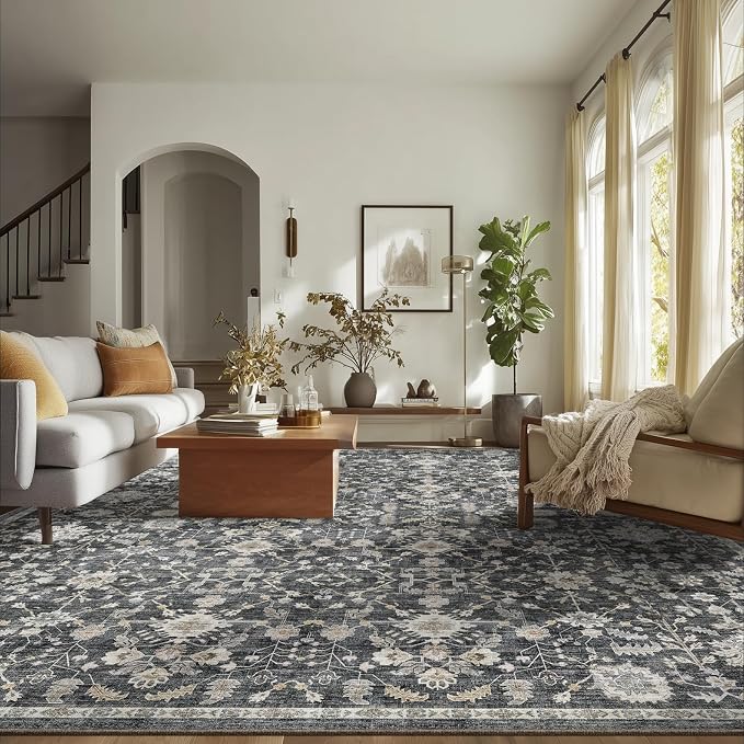 Washable Rugs for Living Room: 9x12 Area Rugs for Bedroom Ultra Soft Non-Slip Stain Resistant Vintage Boho Large Carpet for High-Traffic Dining Room - Farmhouse Decor