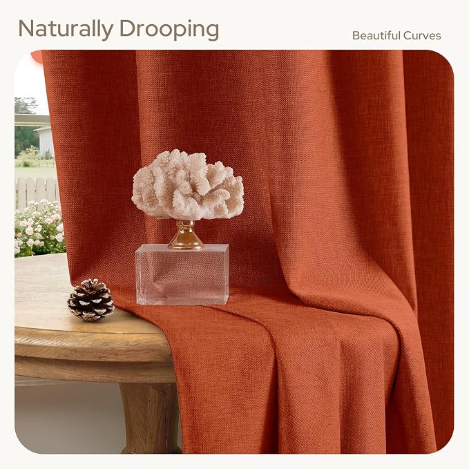 HOMEIDEAS 100% Blackout Faux Linen Curtains,Burnt Orange Modern Farmhouse Luxury Curtains 63 Inches Long 2 Panels, Rod Pocket & Back Tab for Boho Vintage Living Room,Bedroom Decor