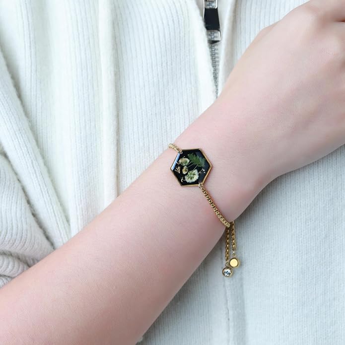 AUNTESIGN Forget-Me-Not Pressed Wildflower Bracelet | Pressed Flower Bracelet | Gold/Silver Pressed Flower Jewelry | Personalized Handmade Jewelry | Gift For Women