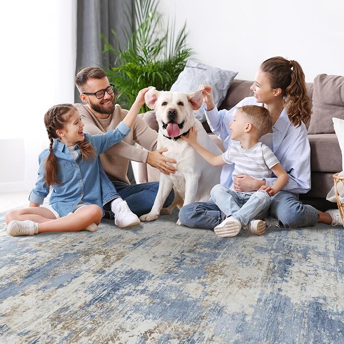 10x14 Area Rugs Large Living Room Rug Washable: Modern Abstract Rug Indoor Modern Carpet Non Slip for Dining Room Bedroom Nursery Home Office Blue