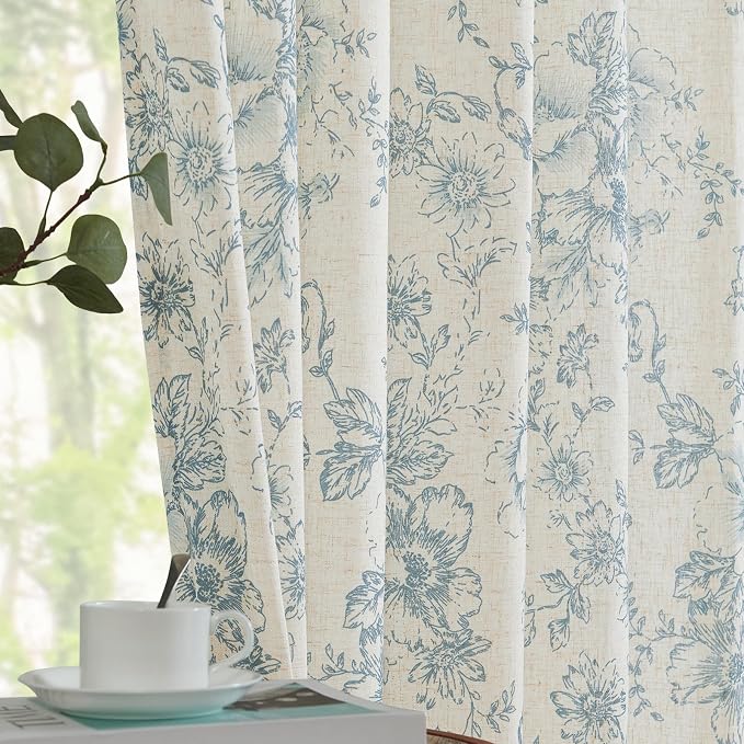 jinchan Blue Floral Linen Curtains 96 Inch Farmhouse Back Tab 2 Panels | Light filtering drapes, semi sheer, farmhouse, cottagecore, rustic, living room, bedroom, rod pocket, window treatment