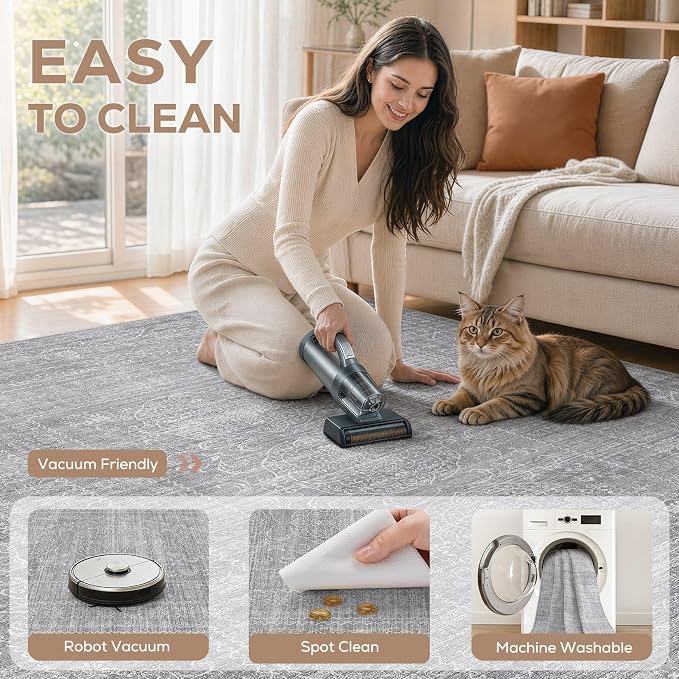 Nakagishi 10x14 Area Rugs Living Room: Washable Large Vintage Rug Neutral Non-Slip Soft Stain Resistant Indoor Carpet for Bedroom Nursery Dining Room Office Playroom - Grey