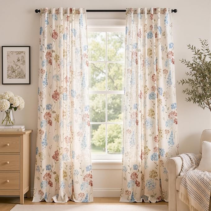 jinchan Floral Linen Curtains 96 Inch Vintage Cottagecore Back Tab 2 Panels | Light filtering drapes, semi sheer, farmhouse, botanical, watercolor, living room, bedroom, rod pocket, window treatment