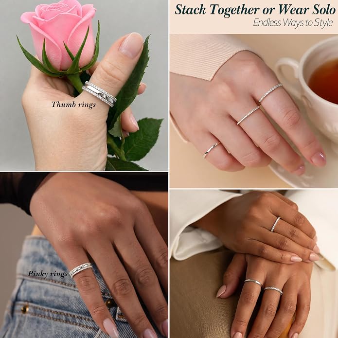 Purplepig Stackable Rings for Women Non Tarnish, Two Tone Mixed Metal Dainty Eternity Band Set, 14K Gold & Sterling Silver Plated Cubic Zirconia Hypoallergenic Wedding Thumb Pinky Rings Size 4-11