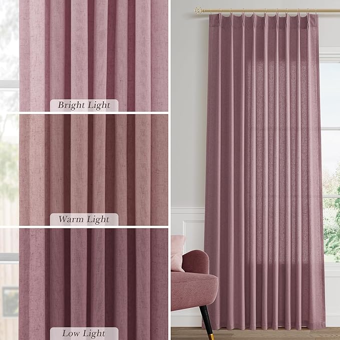 Ash Rose Pinch Pleated Linen Curtains 90 Inch Length 2 Panels for Living Room Bedroom Semi Sheer Window Curtain Boho Neutral Back Tab Pinch Pleat Drape with Hooks 40x90