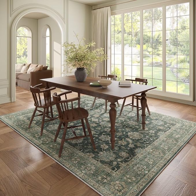 Boho Washable 6x9 Area Rugs for Living Room, Cushioned, Sage Green | Vintage Non-slip Neutral Oriental Rugs for Bedroom Dining Room Nursery Office High Traffic Area