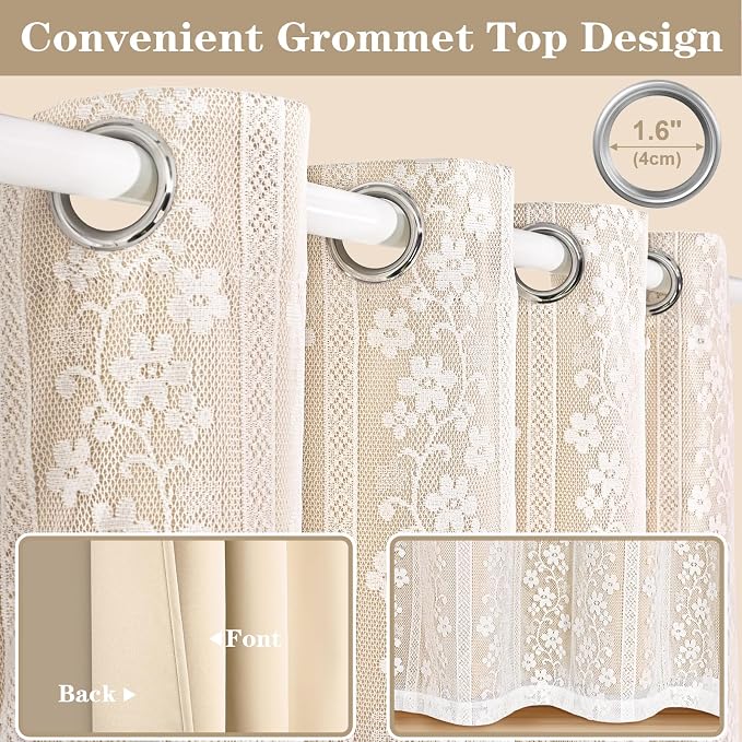 ASPMIZ Beige Blackout Curtains for Bedroom 84 inch Long, Double Layer Curtains for Living Room Light Blocking Grommet Drapes with Lace Overlay, Thermal Insulated Window Curtain Panels Set of 2, 52x84