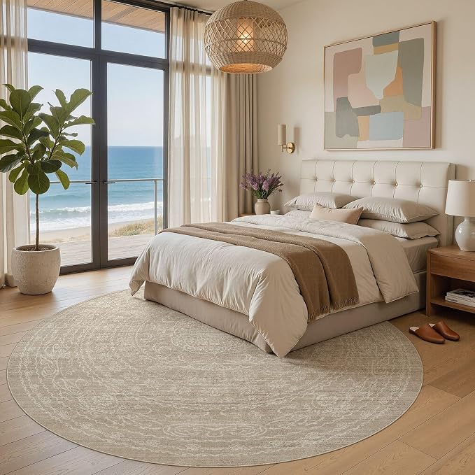 8ft Round Rug Living Room: Washable Large Vintage Rug Neutral Non-Slip Soft Stain Resistant Indoor Carpet for Bedroom Nursery Dining Room Under Table Bed Home House Office Playroom - Brown