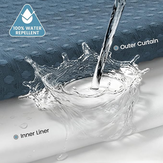 EUTXL Heavyweight Moonlight Blue Long No Hook Shower Curtain with Snap in Liner,256GSM Waffle Weave Shower Curtains for Bathroom,71W x 86H