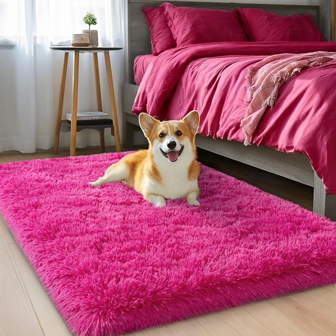 qulint 2x3 Rug for Bedroom, Hot Pink Fluffy Area Rugs for Living Room | Soft Shag Rug for Girls Bedroom, Fuzzy Shaggy Plush Small Carpet for Kids Dorm Nursery Classroom Home Decor