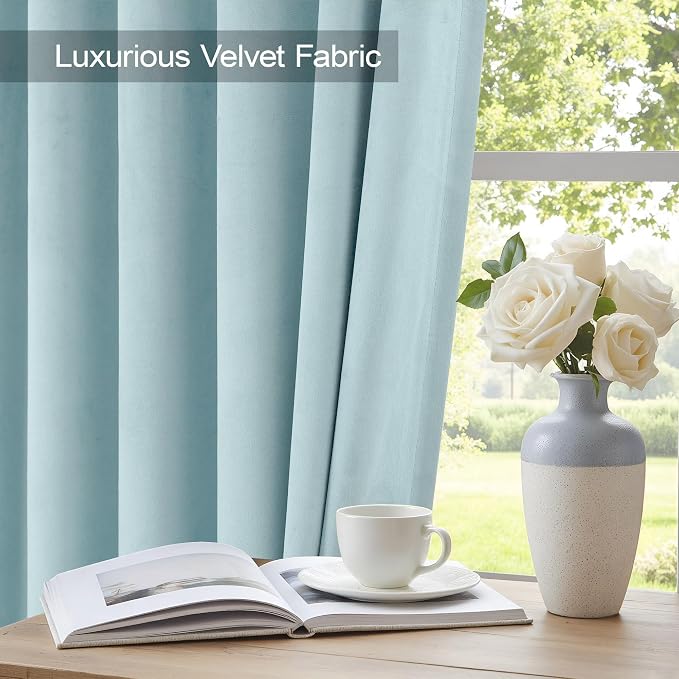 Light Blue Velvet Room Darkening Curtains 96 Inches Long for Living Room Bedroom Pale Blue Sky Noise Reducing Light Blocking Black Out Thermal Insulated Summer Heat Privacy Drapes 2 Panels Back Tab