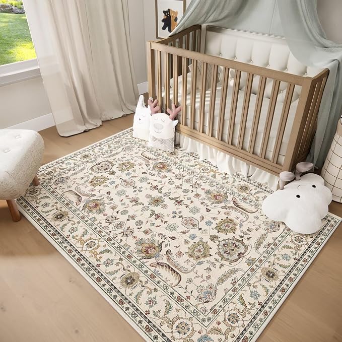 Washable 2x3 Entryway Rug, Boho Vintage Non-Slip Door Mat, Beige | 0.3" Neutral Throw Small Rugs for Bedroom Kitchen Nursery Entrance, Cushioned for High-traffic Area