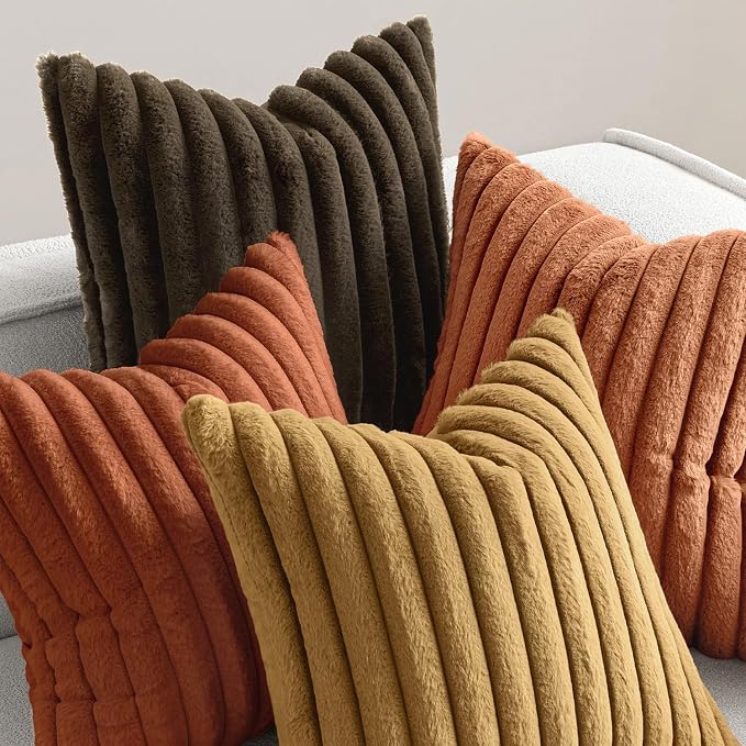 MIULEE Fall Faux Fur Plush Decorative Throw Pillow Covers 18x18 Set of 4, Boho Farmhouse Soft Fuzzy Striped Cushion Covers for Sofa Couch Bed Living Room Vintage Home Decor,Rust Orange