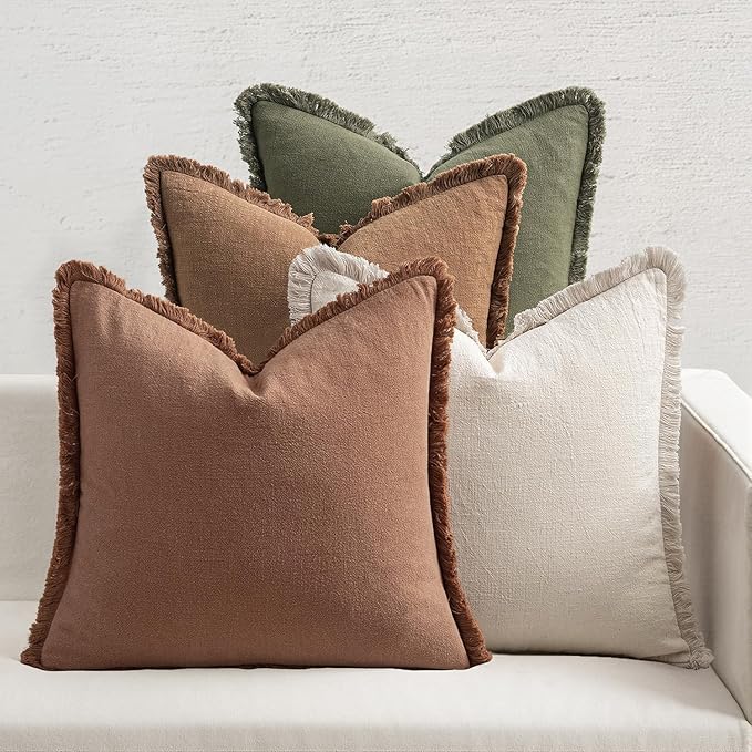 MIULEE Fall Linen Fringe Pillow Covers Set of 4 20x20 Beige/Brown/Green | Boho Farmhouse Decorative Throw Pillow Covers, Neutral Soft Rustic Cushion Cases, for Couch Sofa Bed Living Room Home Decor